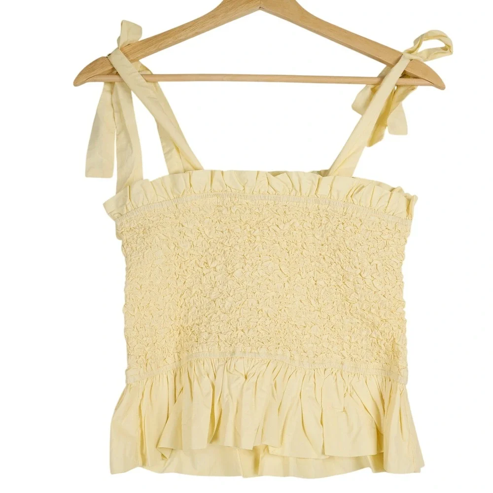 Mable Yellow Smocked Tie Shoulder Peplum Cami Top Size Small‎ Cotton MT1242